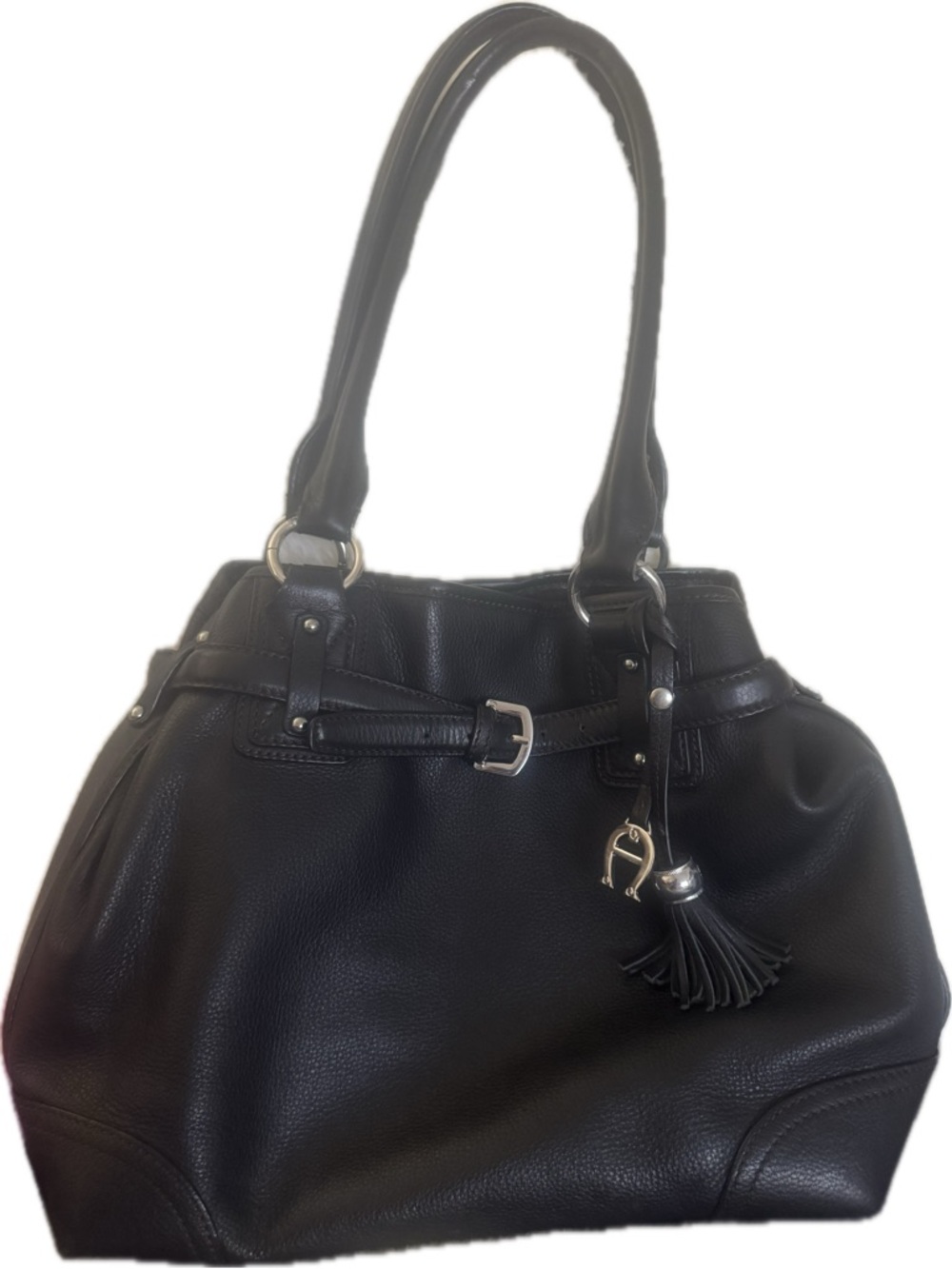 Vintage Etienne Aigner Black Pebbled Leather Tassel Belt Shoulder Bag